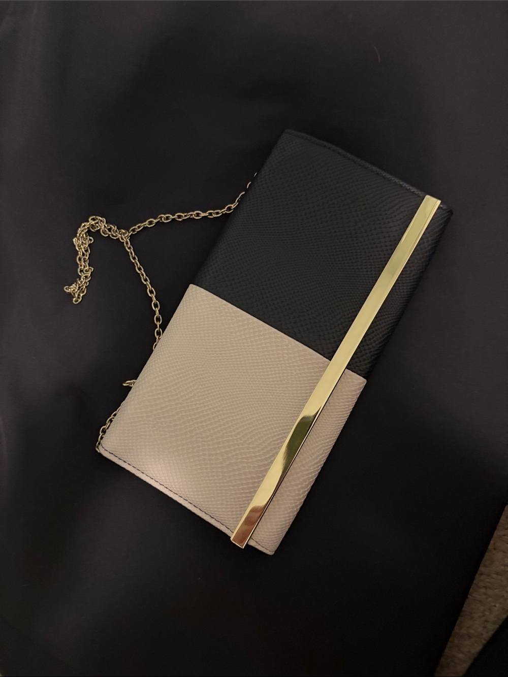Two-Tone Black and Cream Chain Strap Clutch with Gold Accent